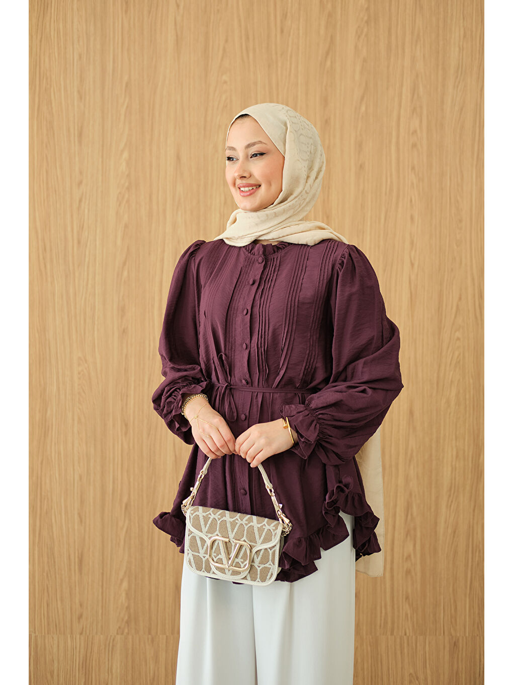 Kadın Önü Nervurlu Bel Bağlamalı Gömlek Bordo-1