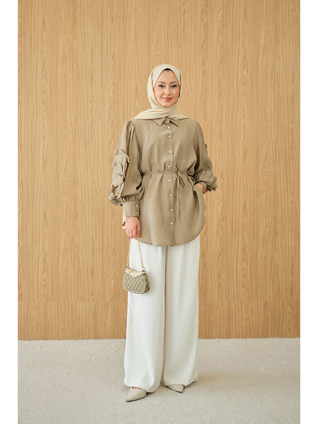 Kadın Kolları Fırfırlı Bel Bağlamalı Gömlek Küf Yeşil-2