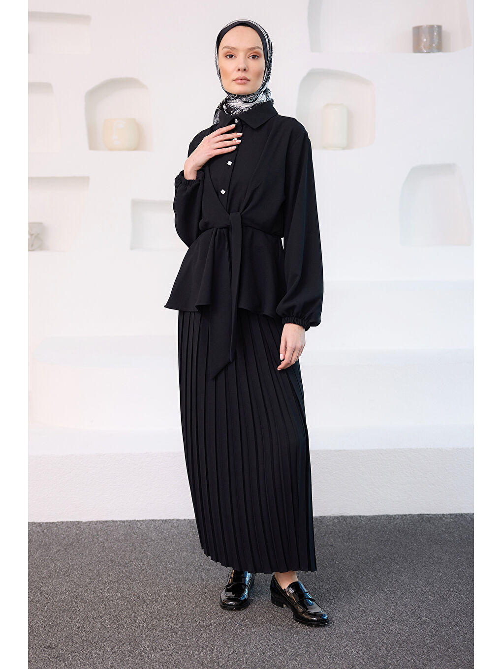 Kadın Gömleği Bağlama Detaylı Takım Siyah-1