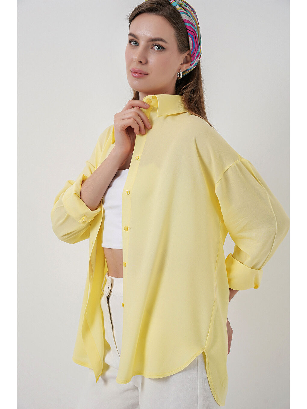 Kadın Oversize Viskon Gömlek 3785 - Sarı-4