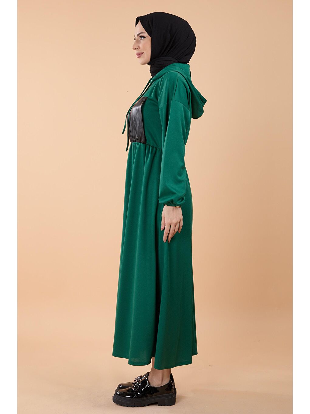 Kapüşonlu Yaka Kadın Yeşil Deri Cepli Elbise - 23862-2
