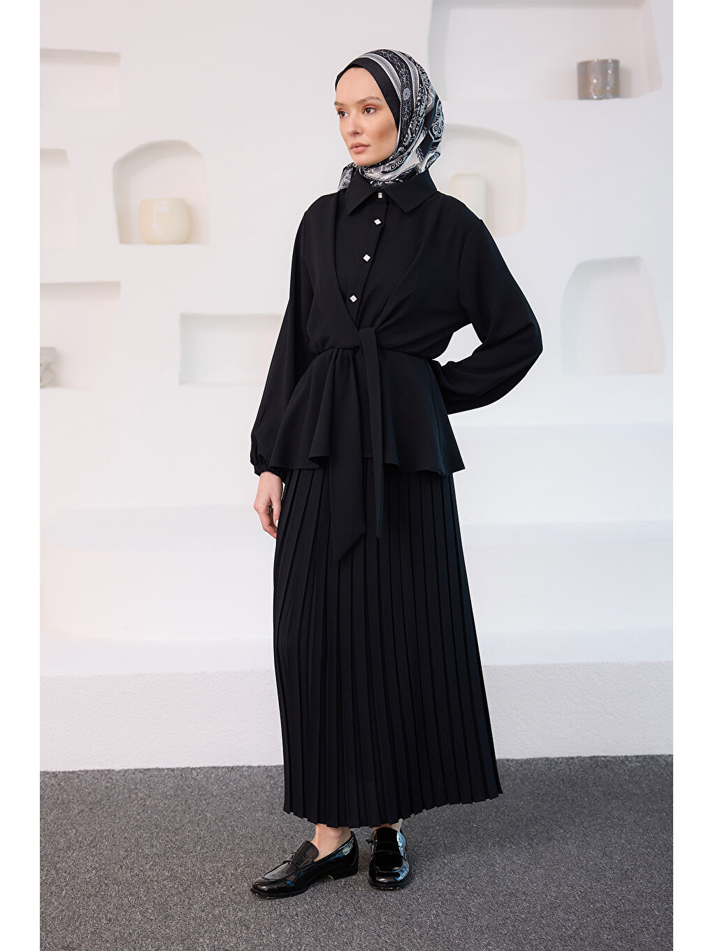 Kadın Gömleği Bağlama Detaylı Takım Siyah-2