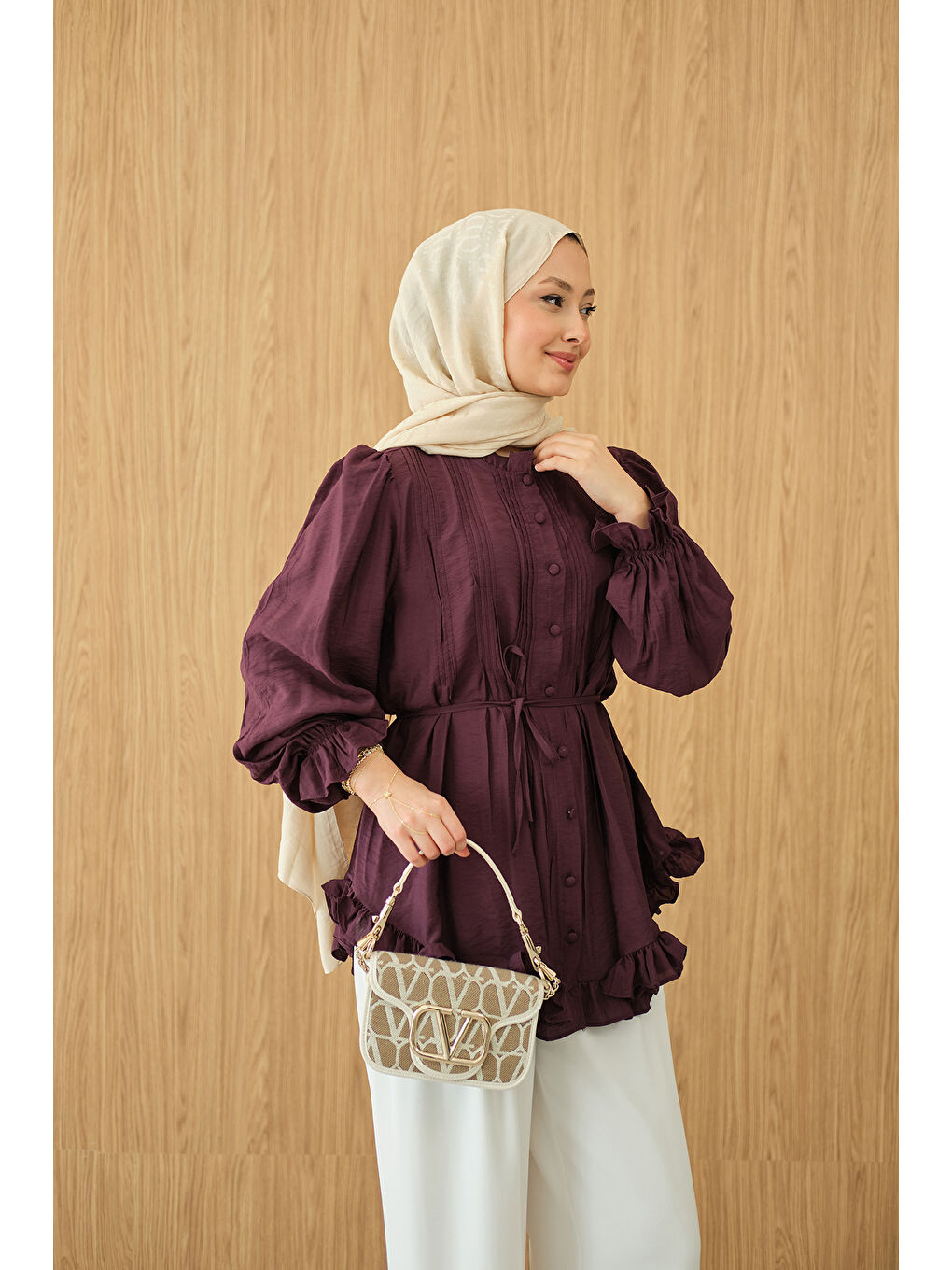 Kadın Önü Nervurlu Bel Bağlamalı Gömlek Bordo-2