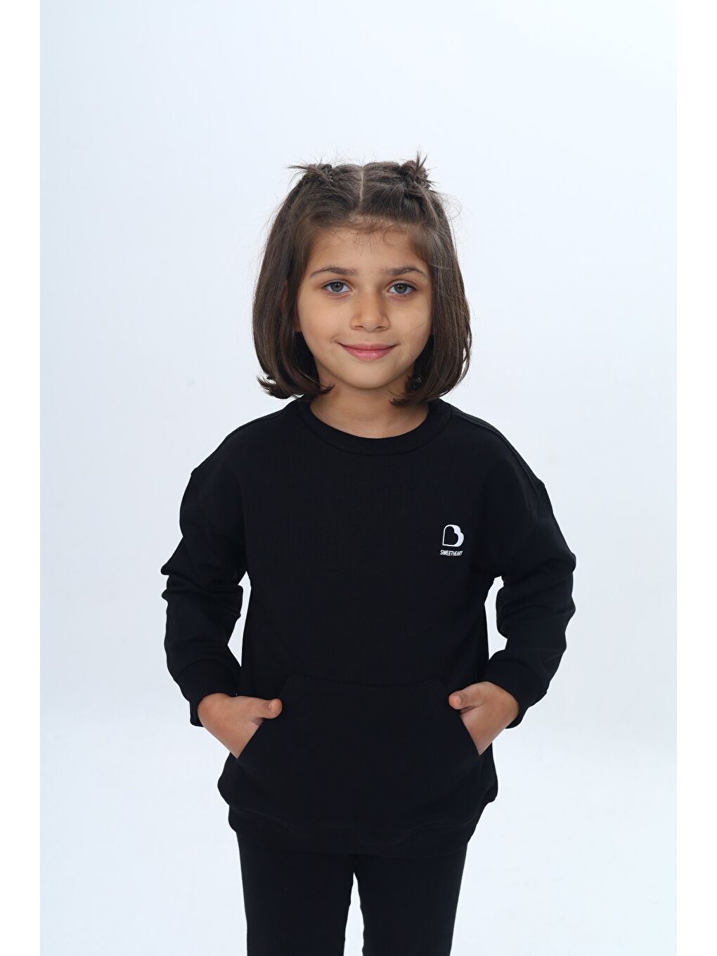 Siyah Kız Çocuk Mini Kalp Baskılı Sweatshirt