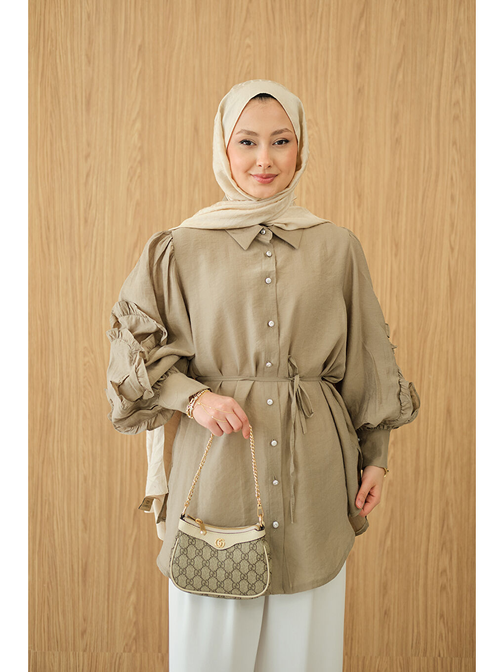 Kadın Kolları Fırfırlı Bel Bağlamalı Gömlek Küf Yeşil-3