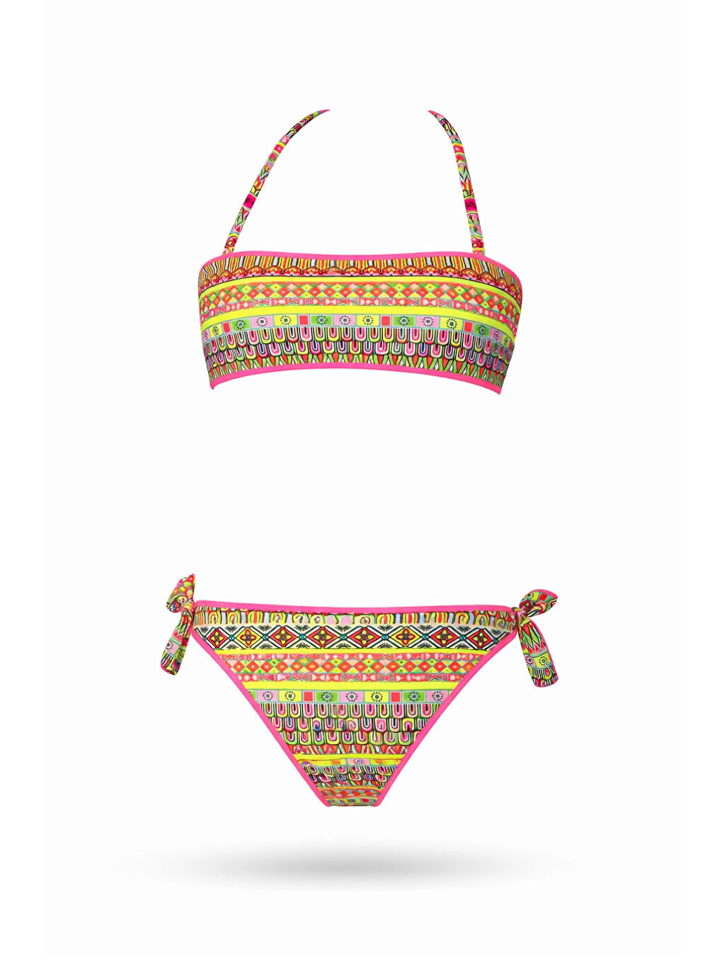 Pembe Kız Çocuk Somon Neon Sarı Çok Renkli Astarlı 4-12 Yaş Straplez Bikini Takım HZL24S-LC6355