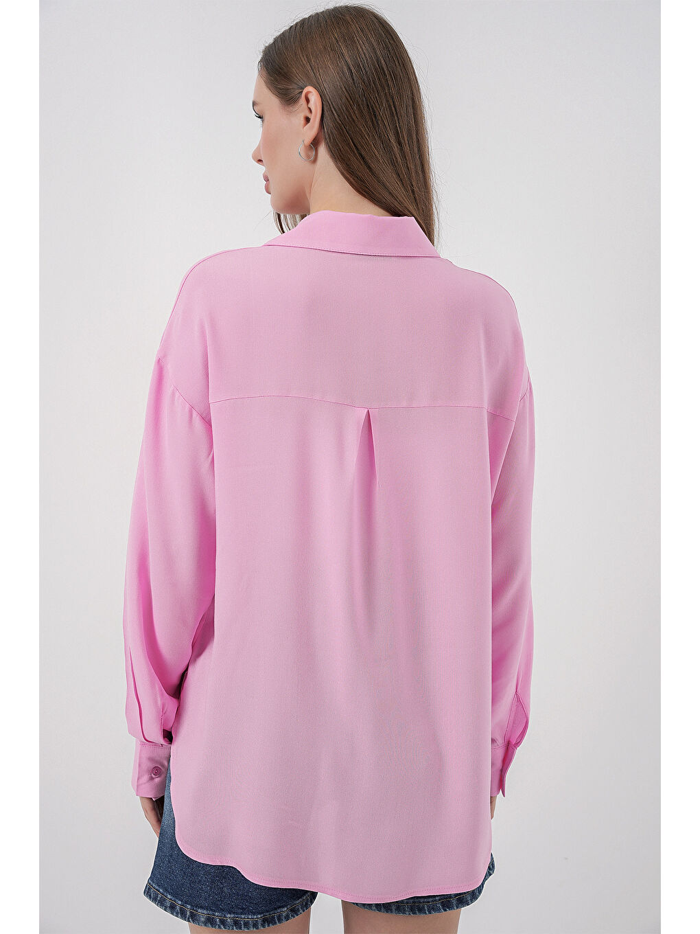 Kadın Oversize Viskon Gömlek 3785 - Pembe-6