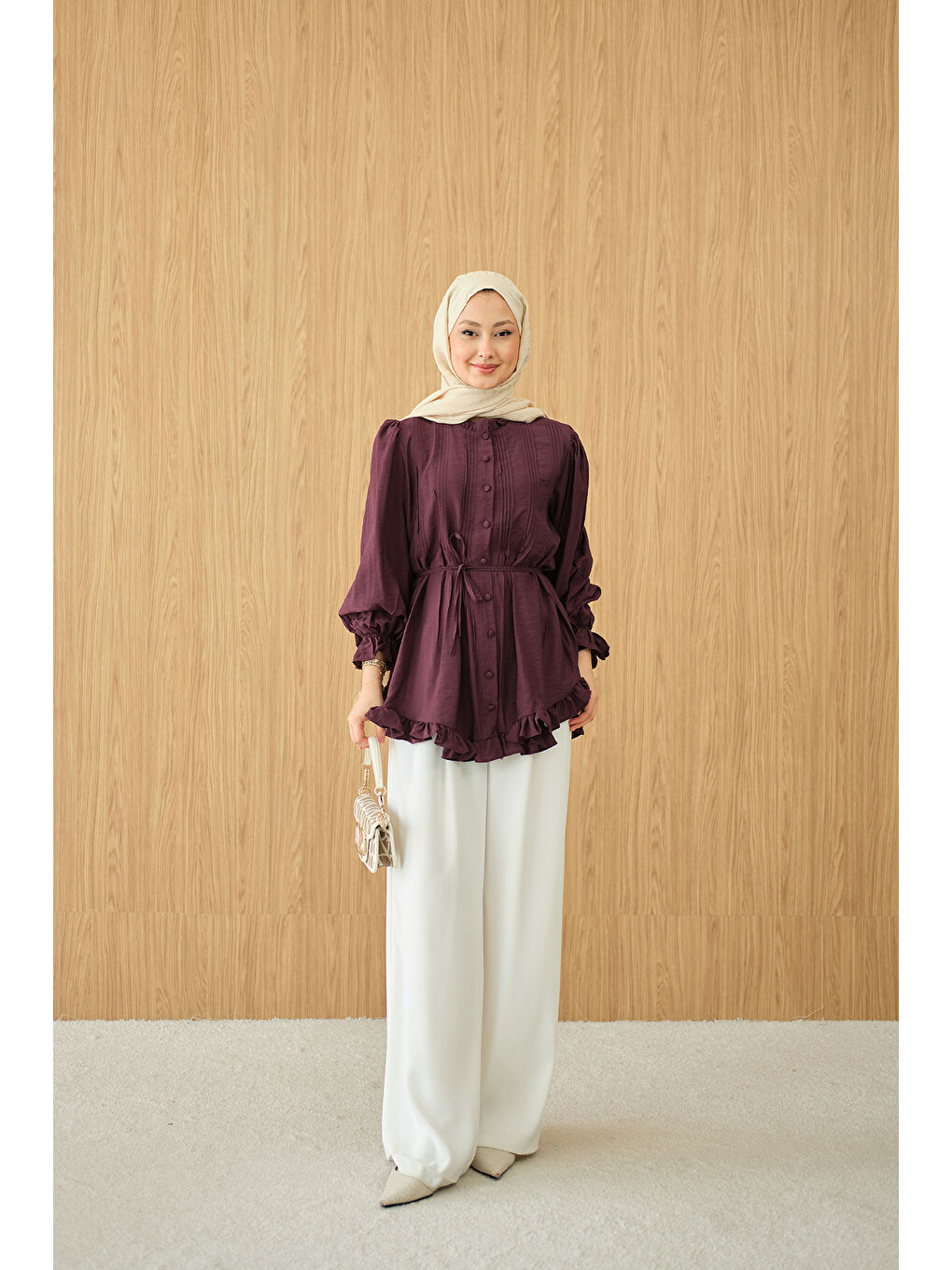 Kadın Önü Nervurlu Bel Bağlamalı Gömlek Bordo-3