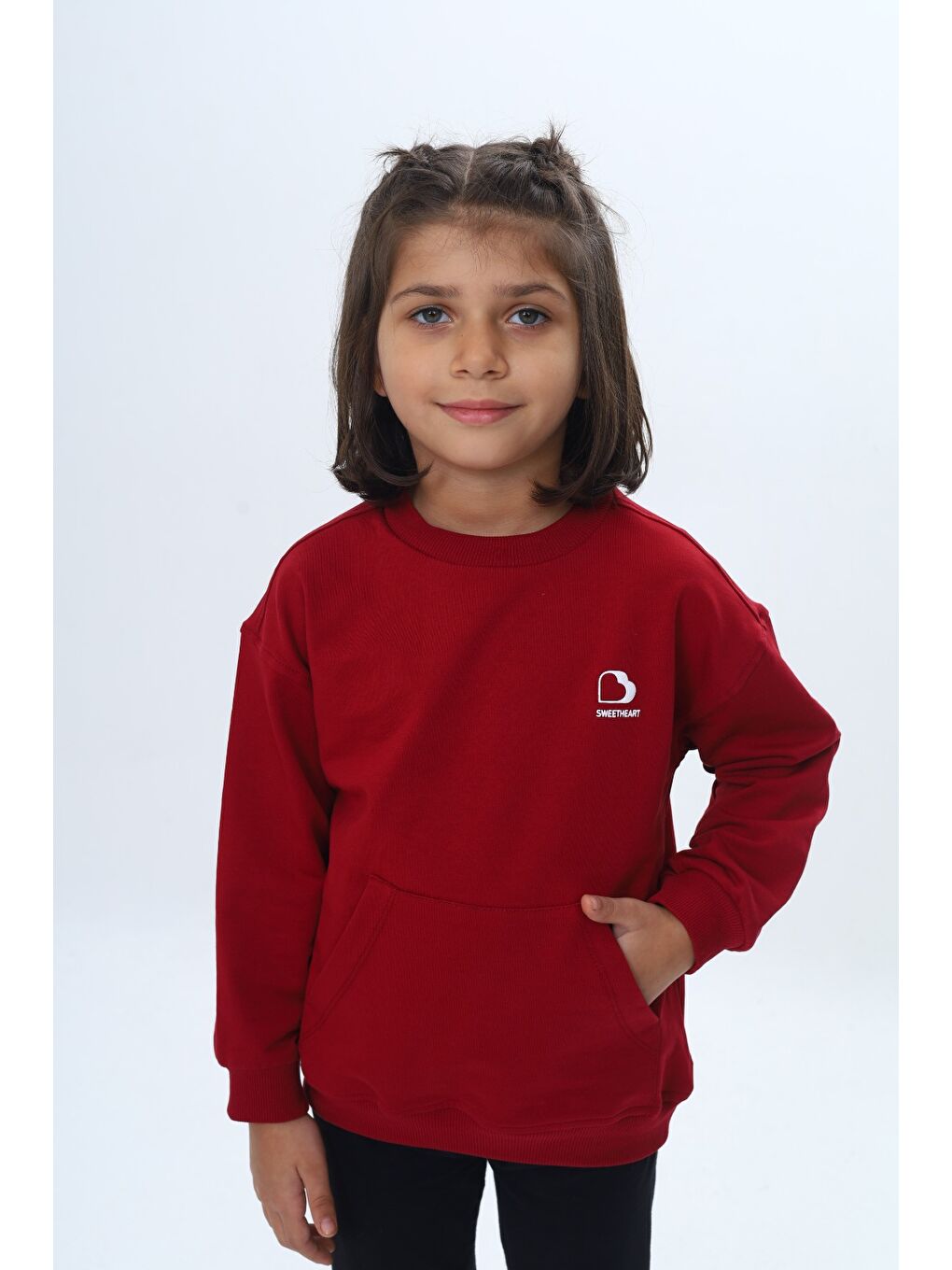 Bordo Kız Çocuk Mini Kalp Baskılı Sweatshirt