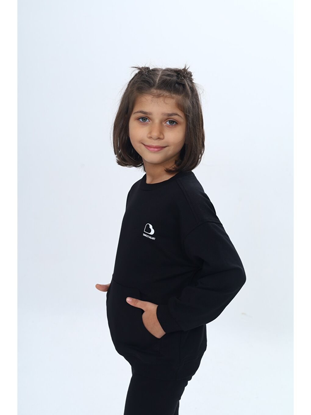 Siyah Kız Çocuk Mini Kalp Baskılı Sweatshirt-2