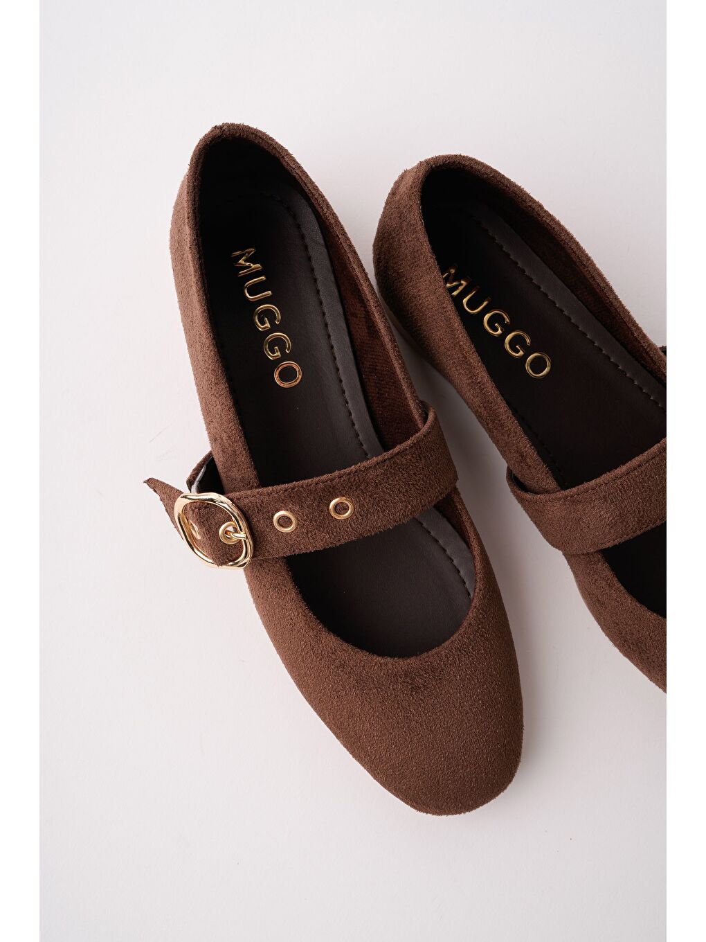 Kahverengi HALSEY Gold Tokalı Deri Kadın Babet Ayakkabı