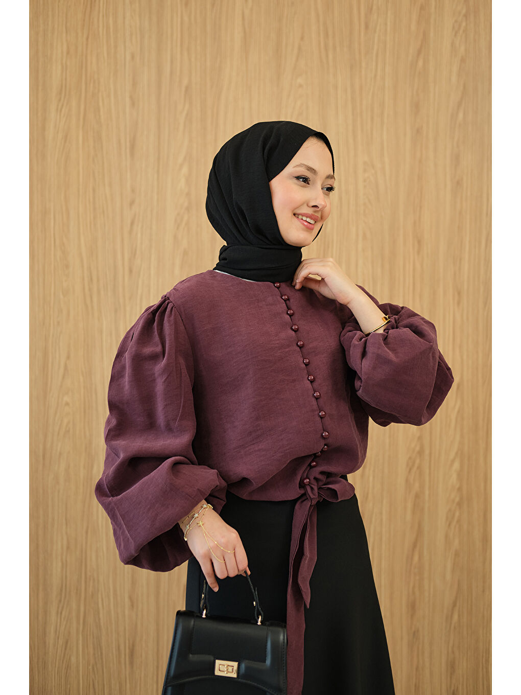 Kadın Geçirme Düğme Detay Bel Bağlamalı Gömlek Bordo