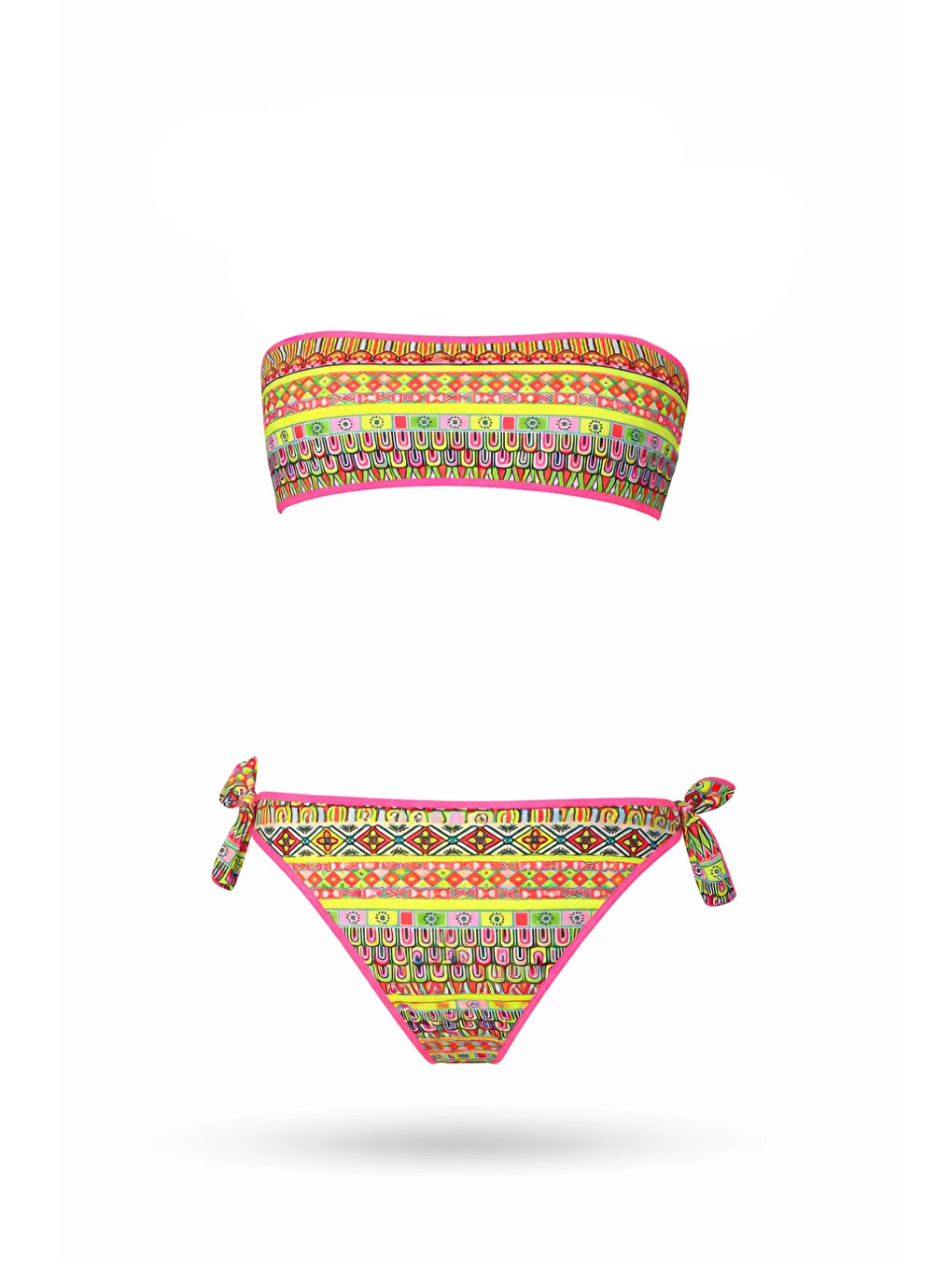 Pembe Kız Çocuk Somon Neon Sarı Çok Renkli Astarlı 4-12 Yaş Straplez Bikini Takım HZL24S-LC6355-1