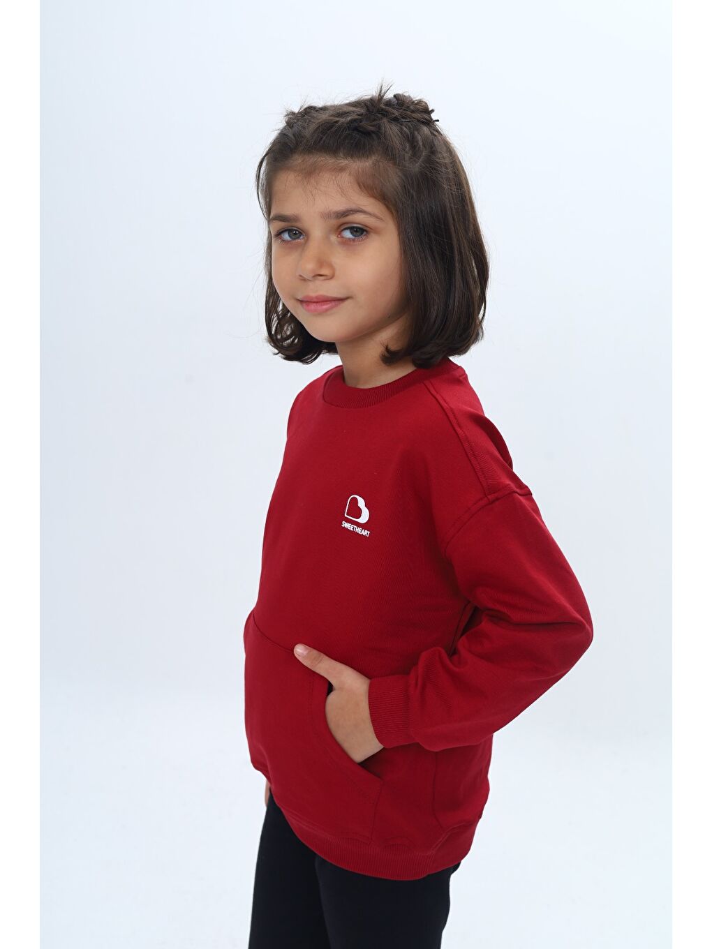Bordo Kız Çocuk Mini Kalp Baskılı Sweatshirt-2