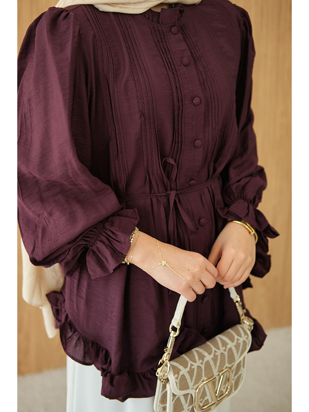 Kadın Önü Nervurlu Bel Bağlamalı Gömlek Bordo-4