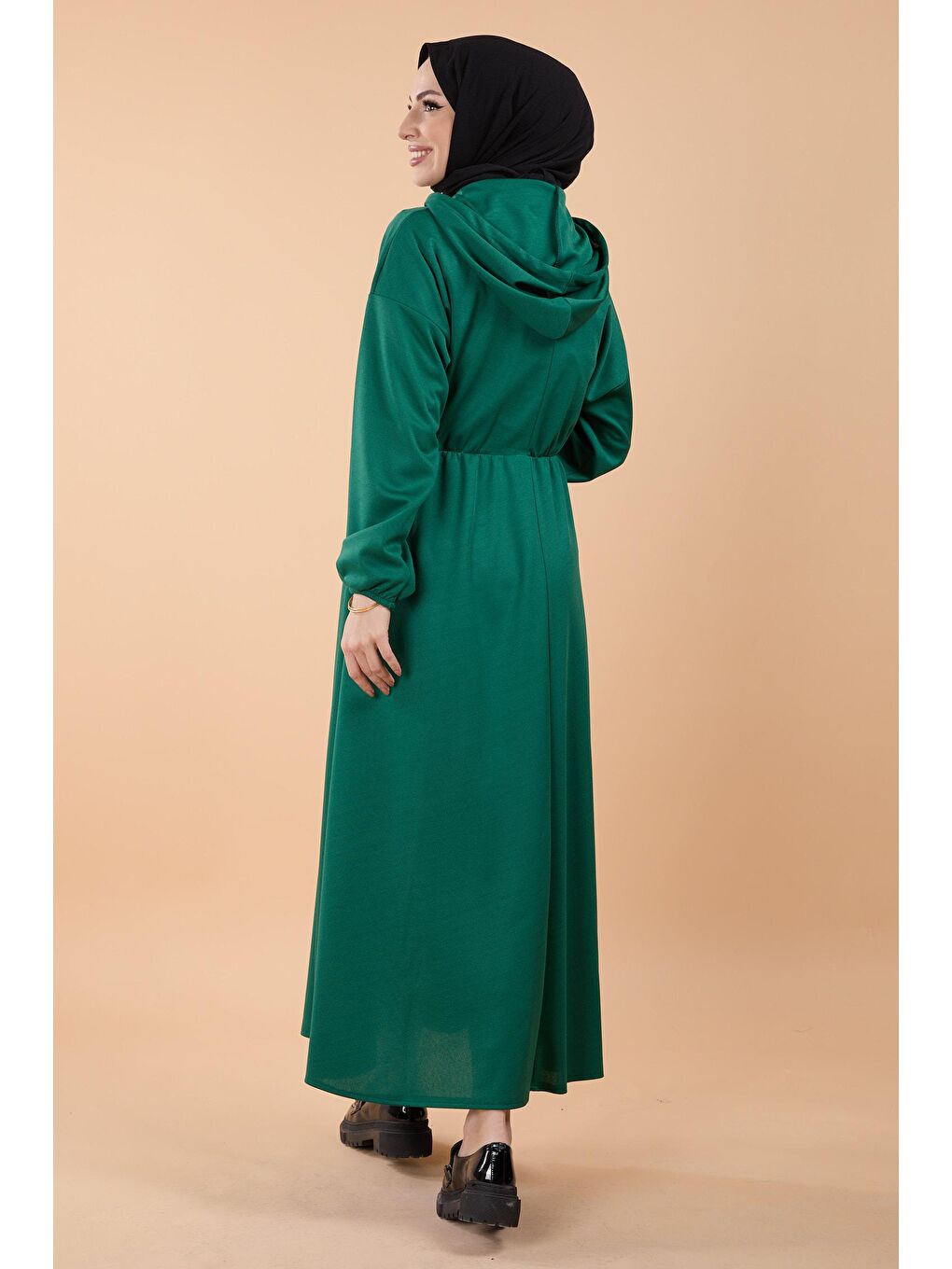 Kapüşonlu Yaka Kadın Yeşil Deri Cepli Elbise - 23862-4