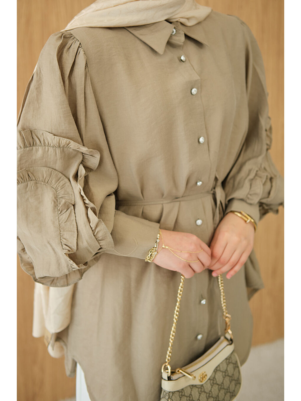 Kadın Kolları Fırfırlı Bel Bağlamalı Gömlek Küf Yeşil-4