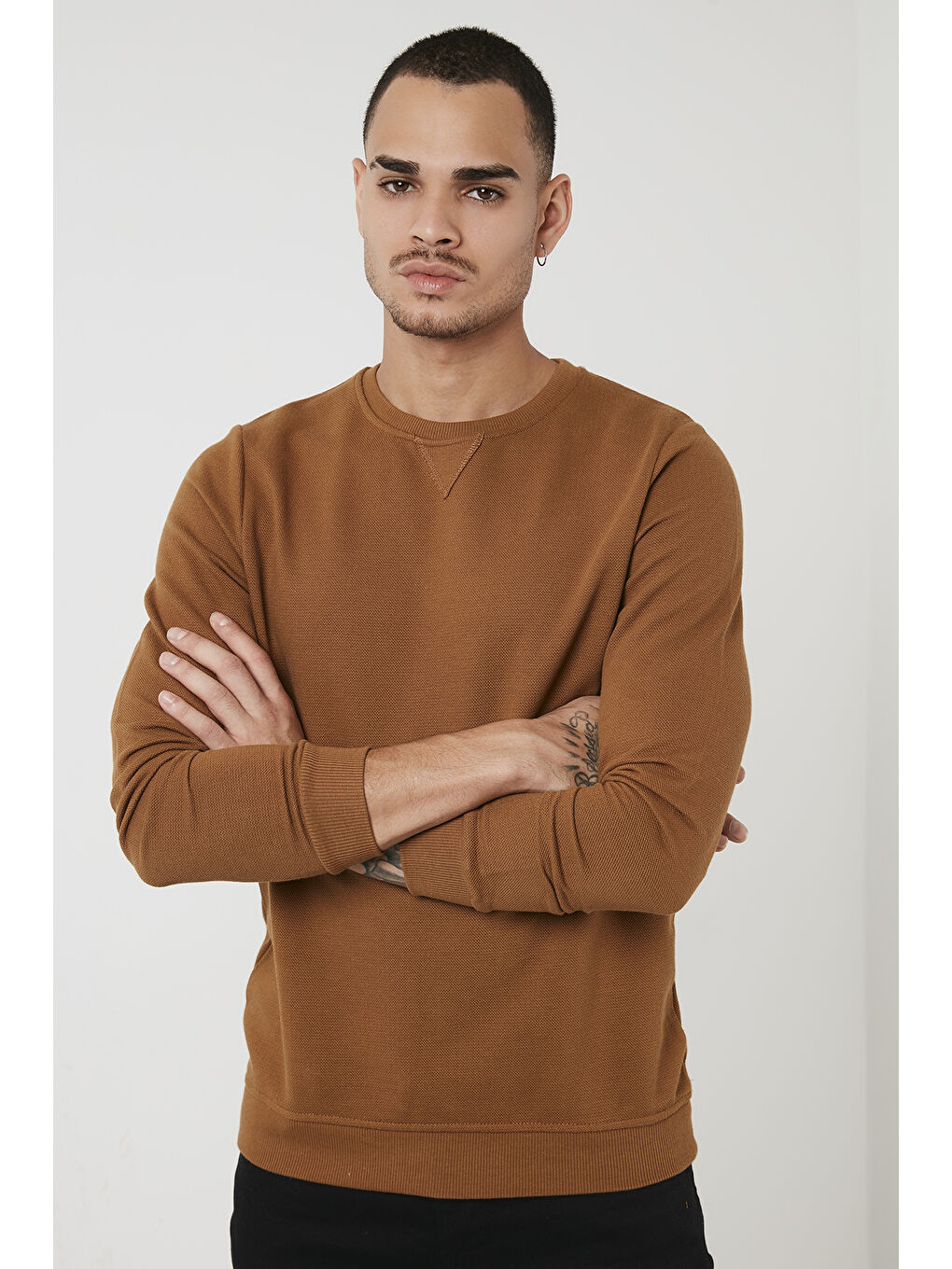 Bej % 100 Pamuk Bisiklet Yaka Basic Erkek Sweat 5905028-1