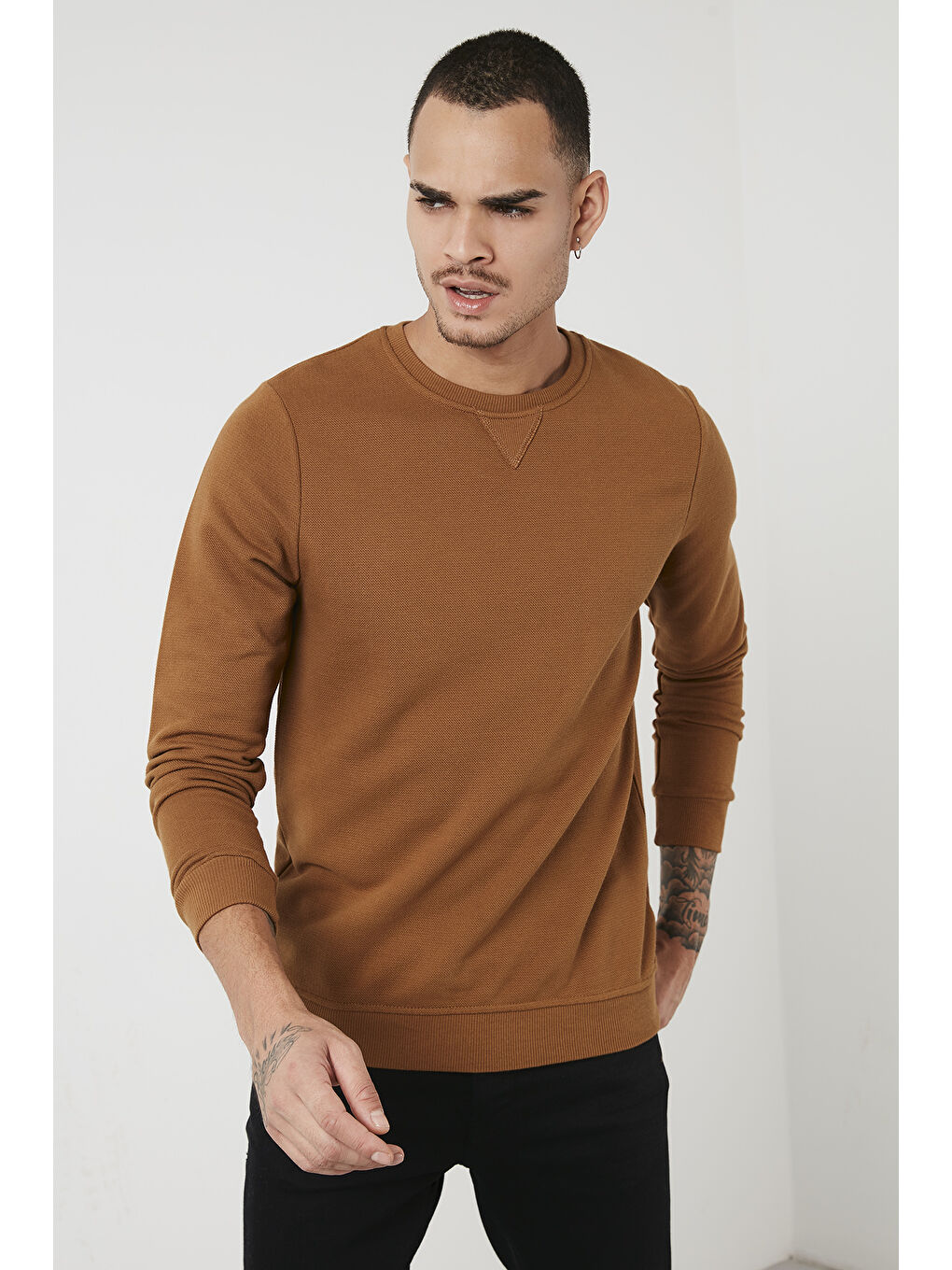 Bej % 100 Pamuk Bisiklet Yaka Basic Erkek Sweat 5905028-2