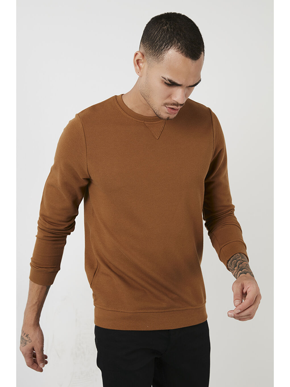 Bej % 100 Pamuk Bisiklet Yaka Basic Erkek Sweat 5905028-3