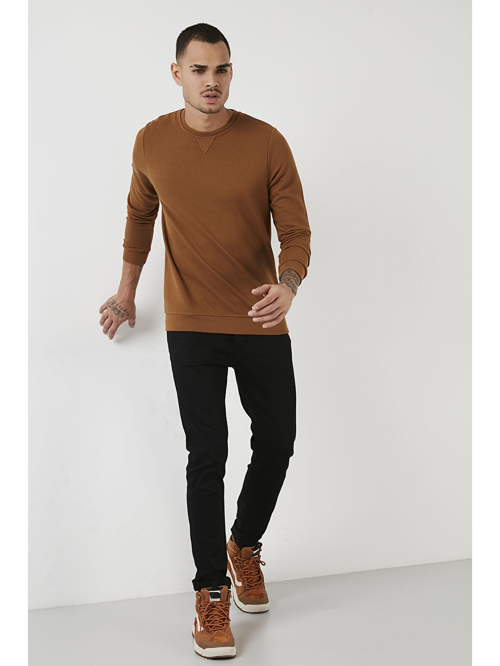 Bej % 100 Pamuk Bisiklet Yaka Basic Erkek Sweat 5905028-4