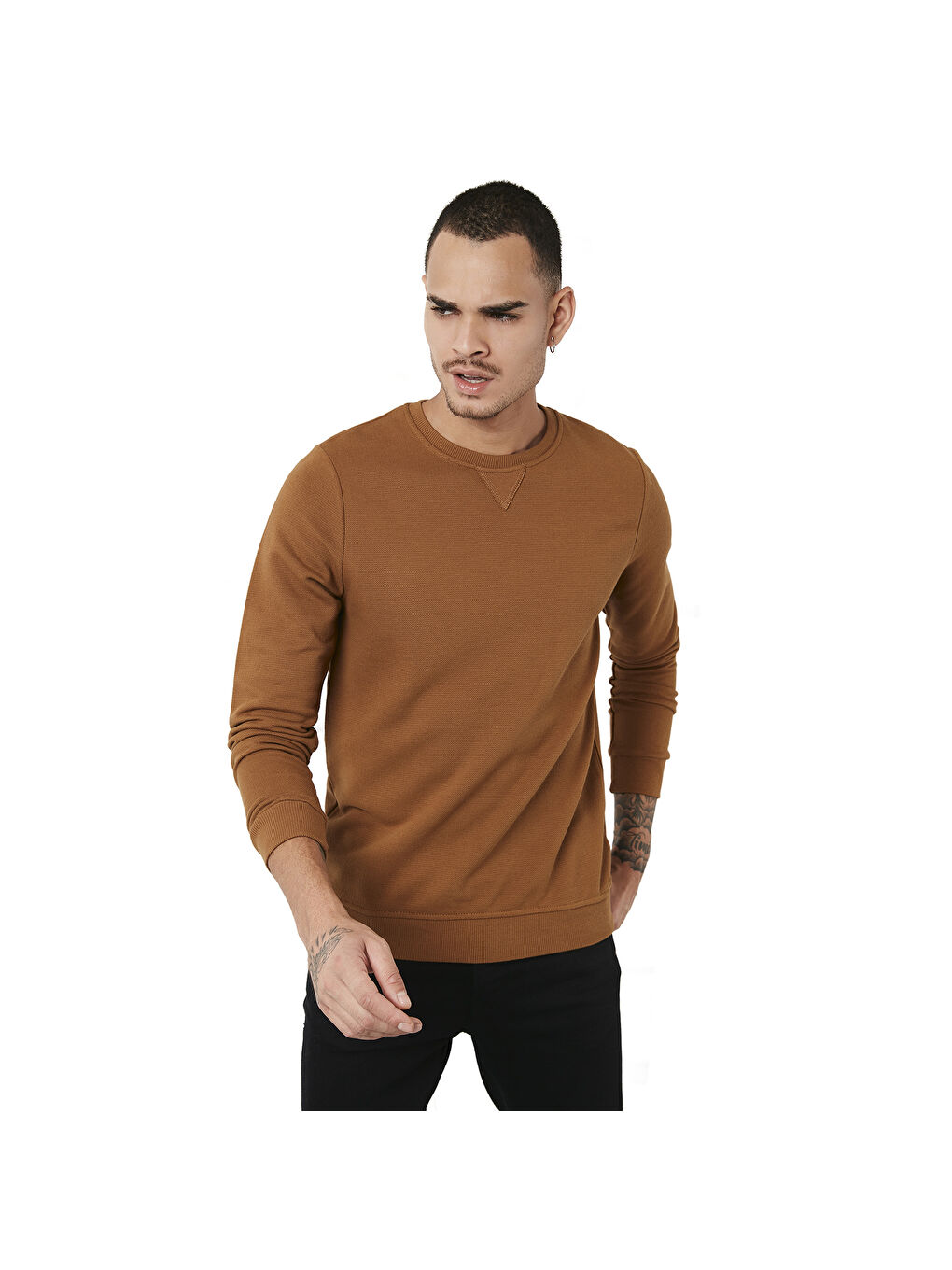 Bej % 100 Pamuk Bisiklet Yaka Basic Erkek Sweat 5905028-6