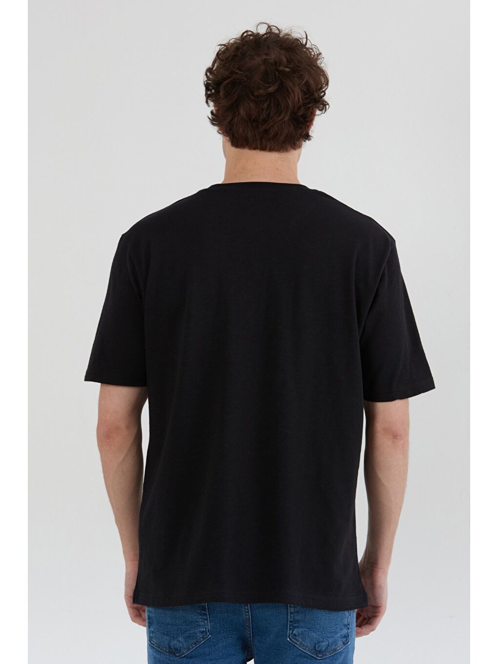 Siyah Slogan Kabartmalı Bisiklet Yaka %100 Pamuk Tişört-3