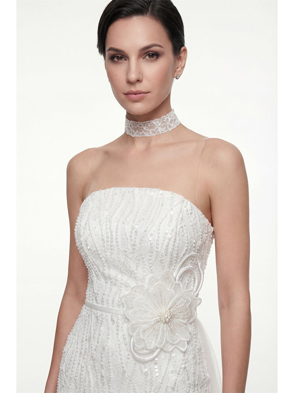 Kadın Beyaz Straplez Yaka Tüllü Mini Taşlı After Party Abiye Elbise-2