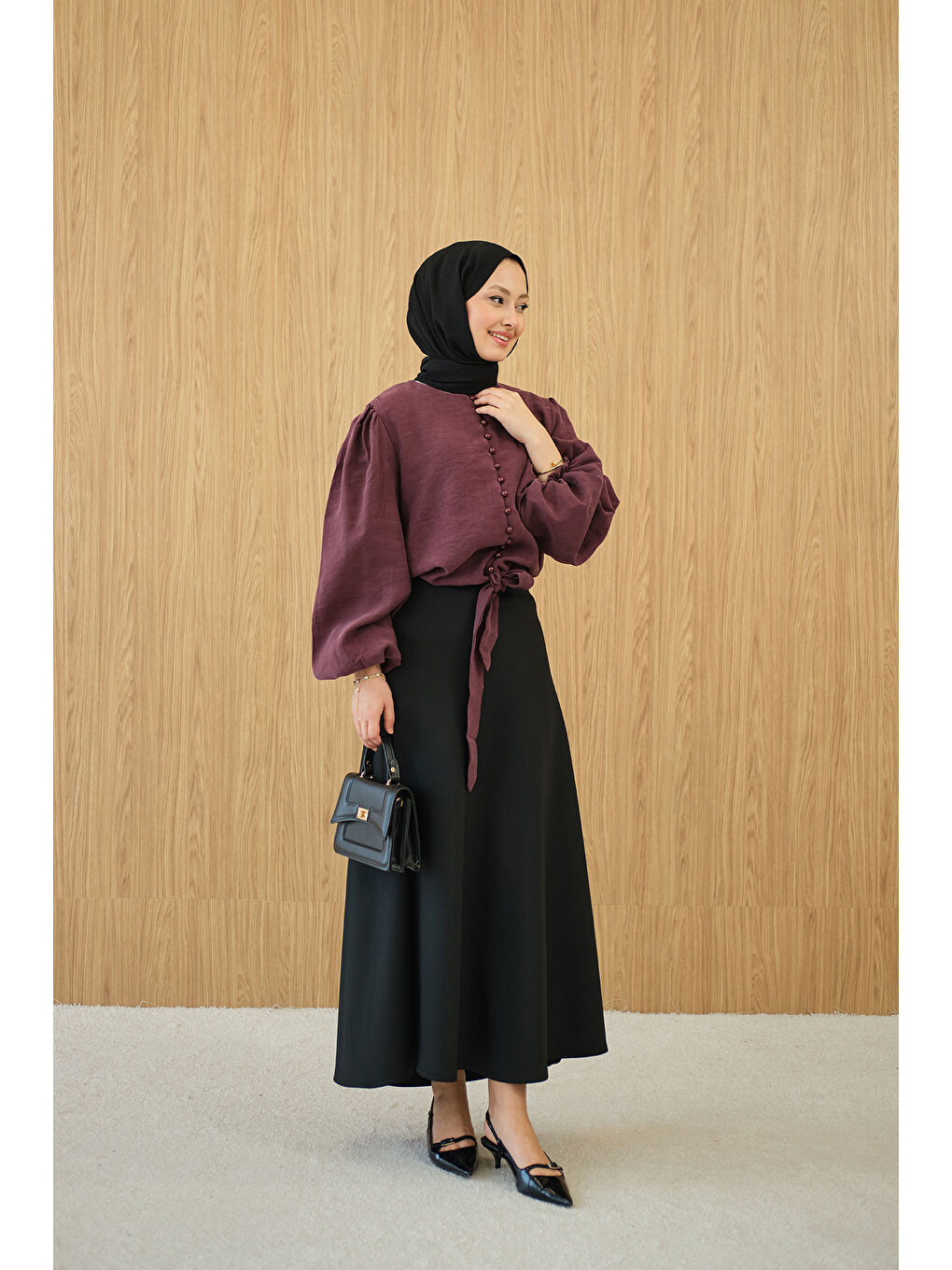 Kadın Geçirme Düğme Detay Bel Bağlamalı Gömlek Bordo-1