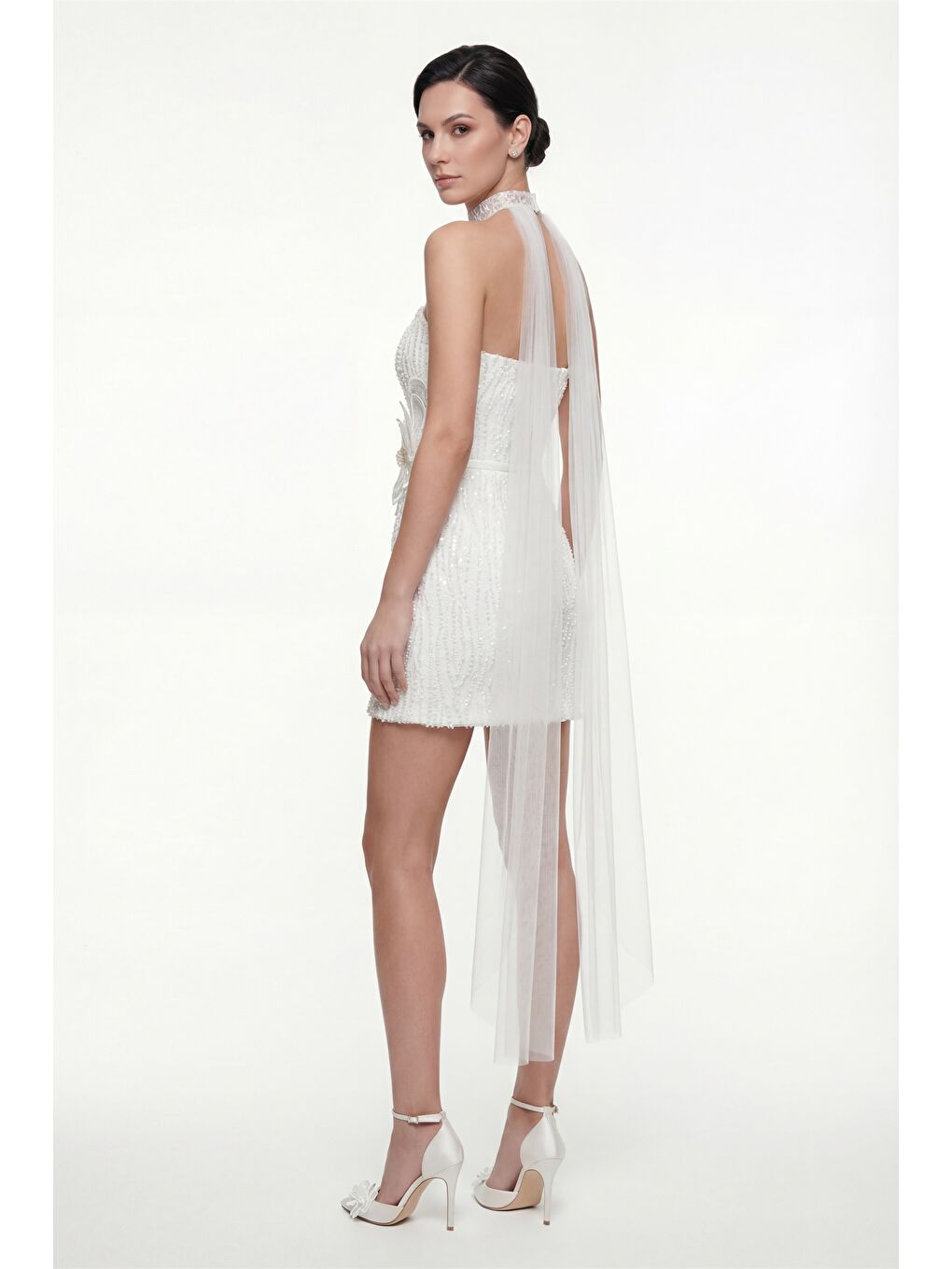 Kadın Beyaz Straplez Yaka Tüllü Mini Taşlı After Party Abiye Elbise-3