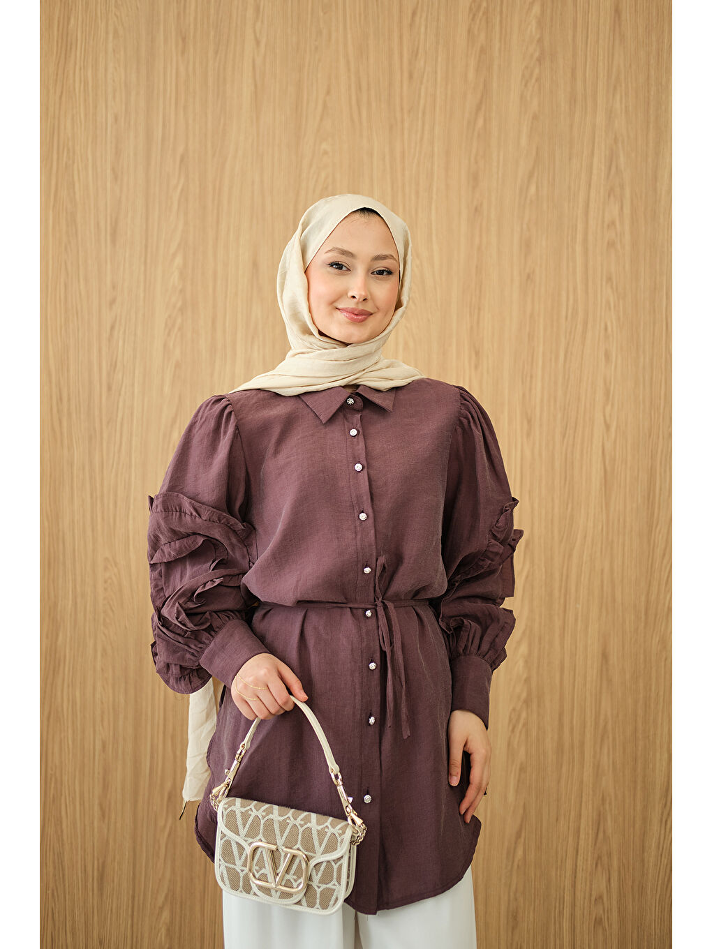 Kadın Kolları Fırfırlı Bel Bağlamalı Gömlek Bordo-1