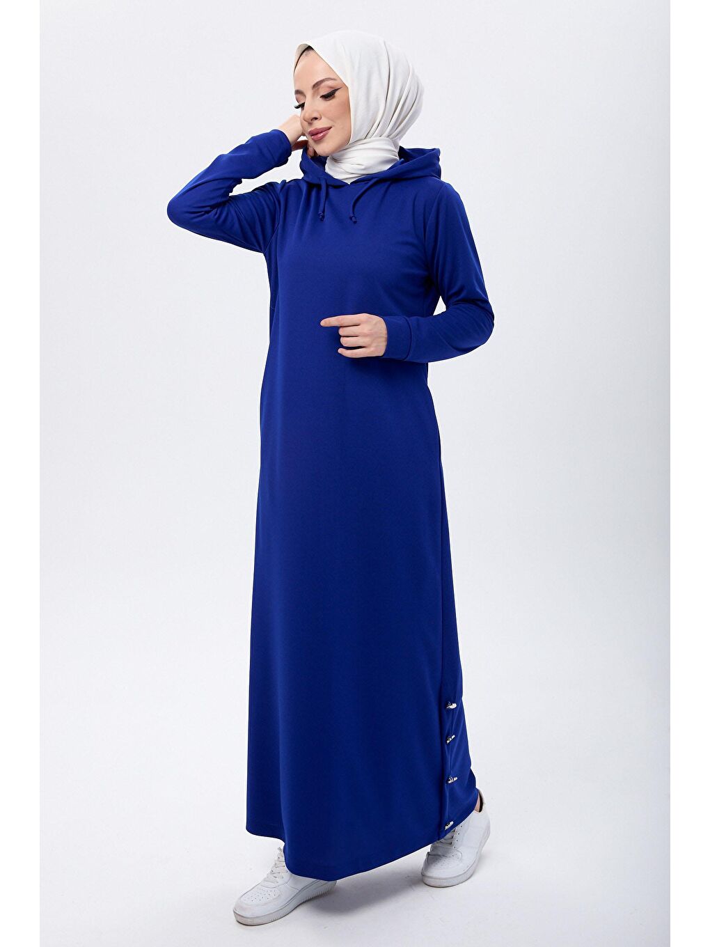 Kapüşonlu Yaka Kadın Mavi Elbise - 13082-1