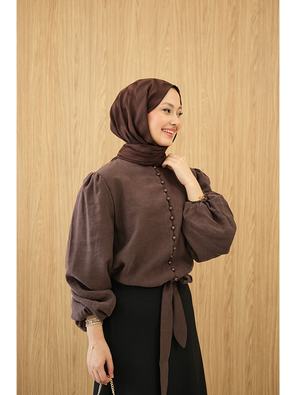 Kadın Geçirme Düğme Detay Bel Bağlamalı Gömlek Kahverengi