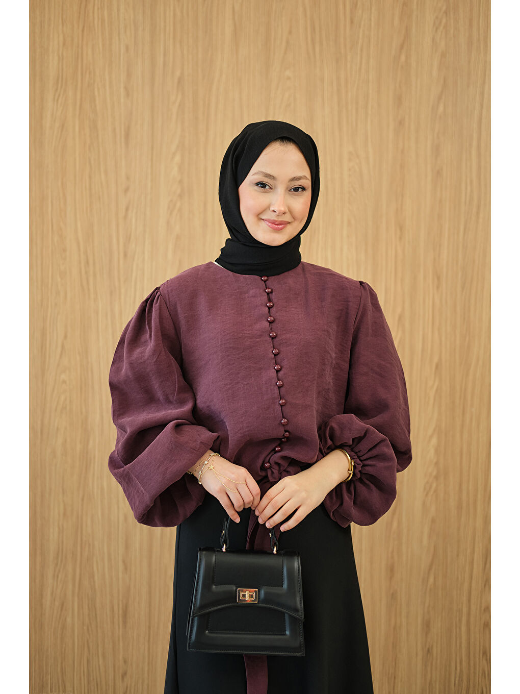 Kadın Geçirme Düğme Detay Bel Bağlamalı Gömlek Bordo-2