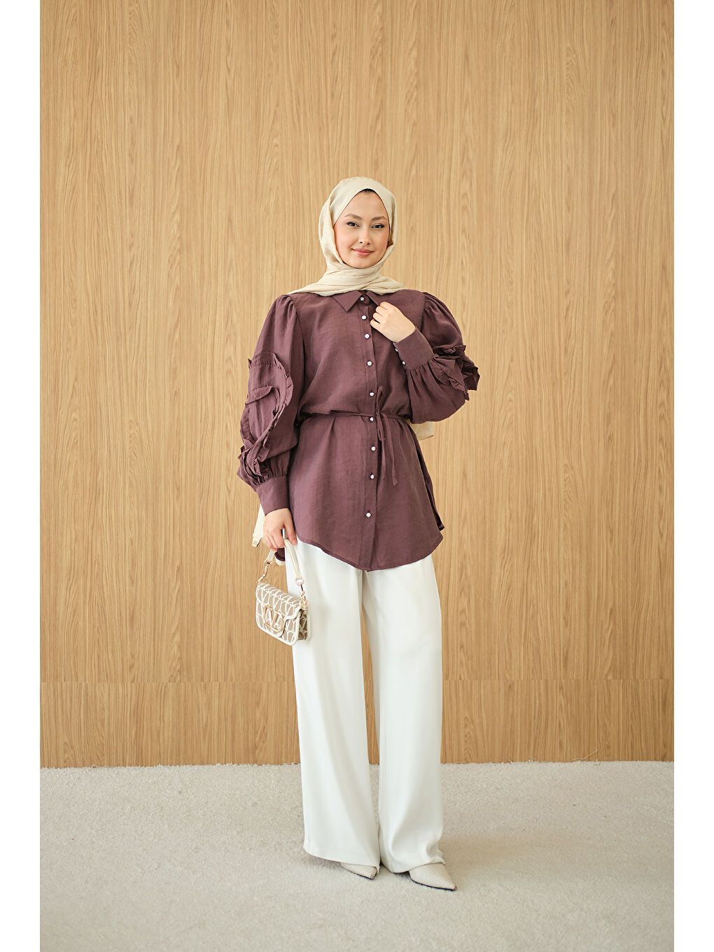 Kadın Kolları Fırfırlı Bel Bağlamalı Gömlek Bordo-2