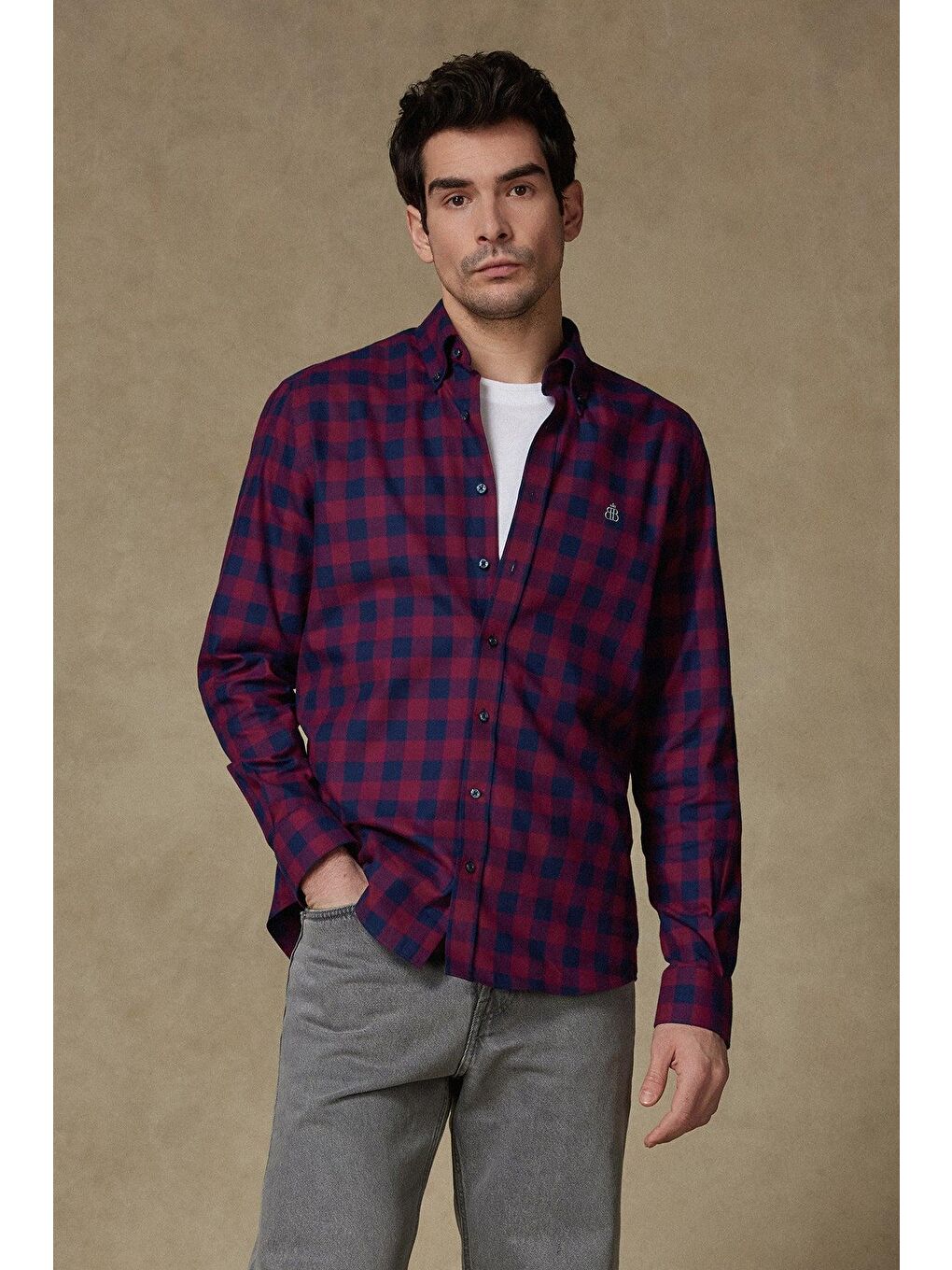 Luis Twill Pamuklu Comfort Fit Bordo Düğmeli Yaka Erkek Ekoseli %100 Pamuk Gömlek