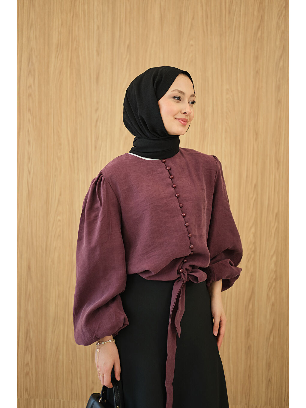 Kadın Geçirme Düğme Detay Bel Bağlamalı Gömlek Bordo-3