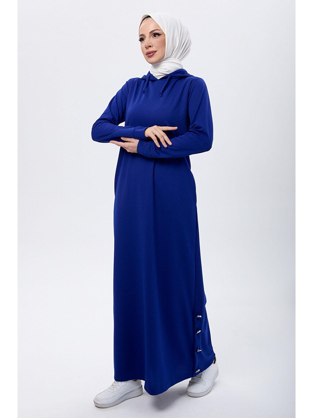 Kapüşonlu Yaka Kadın Mavi Elbise - 13082-3