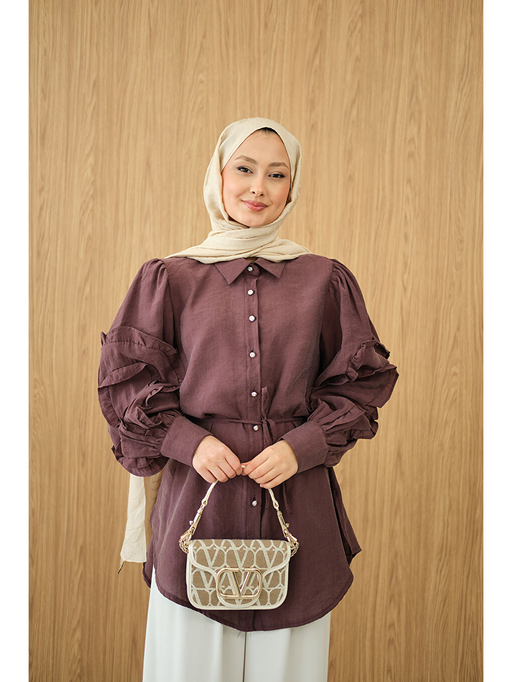 Kadın Kolları Fırfırlı Bel Bağlamalı Gömlek Bordo-3