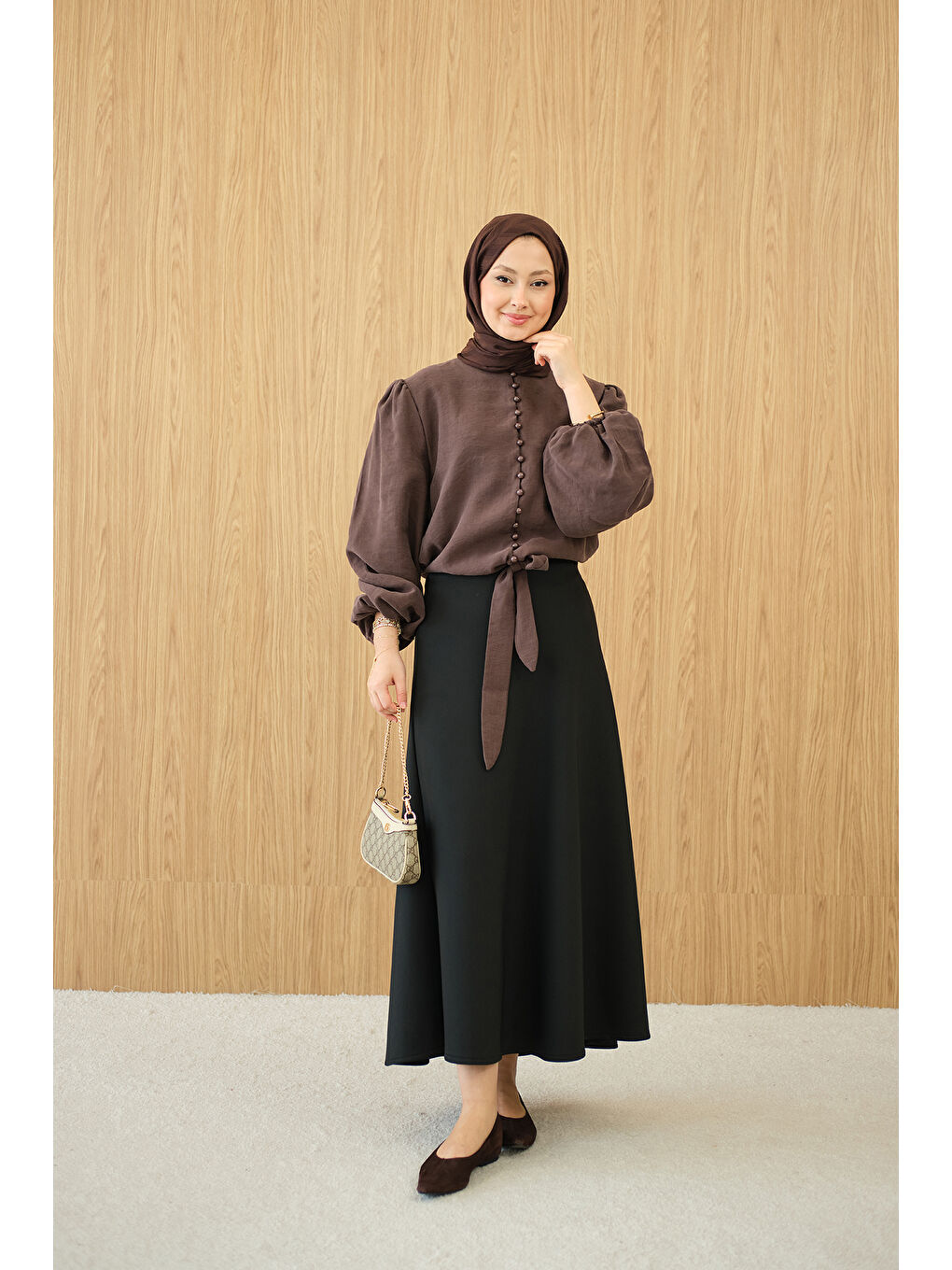 Kadın Geçirme Düğme Detay Bel Bağlamalı Gömlek Kahverengi-1