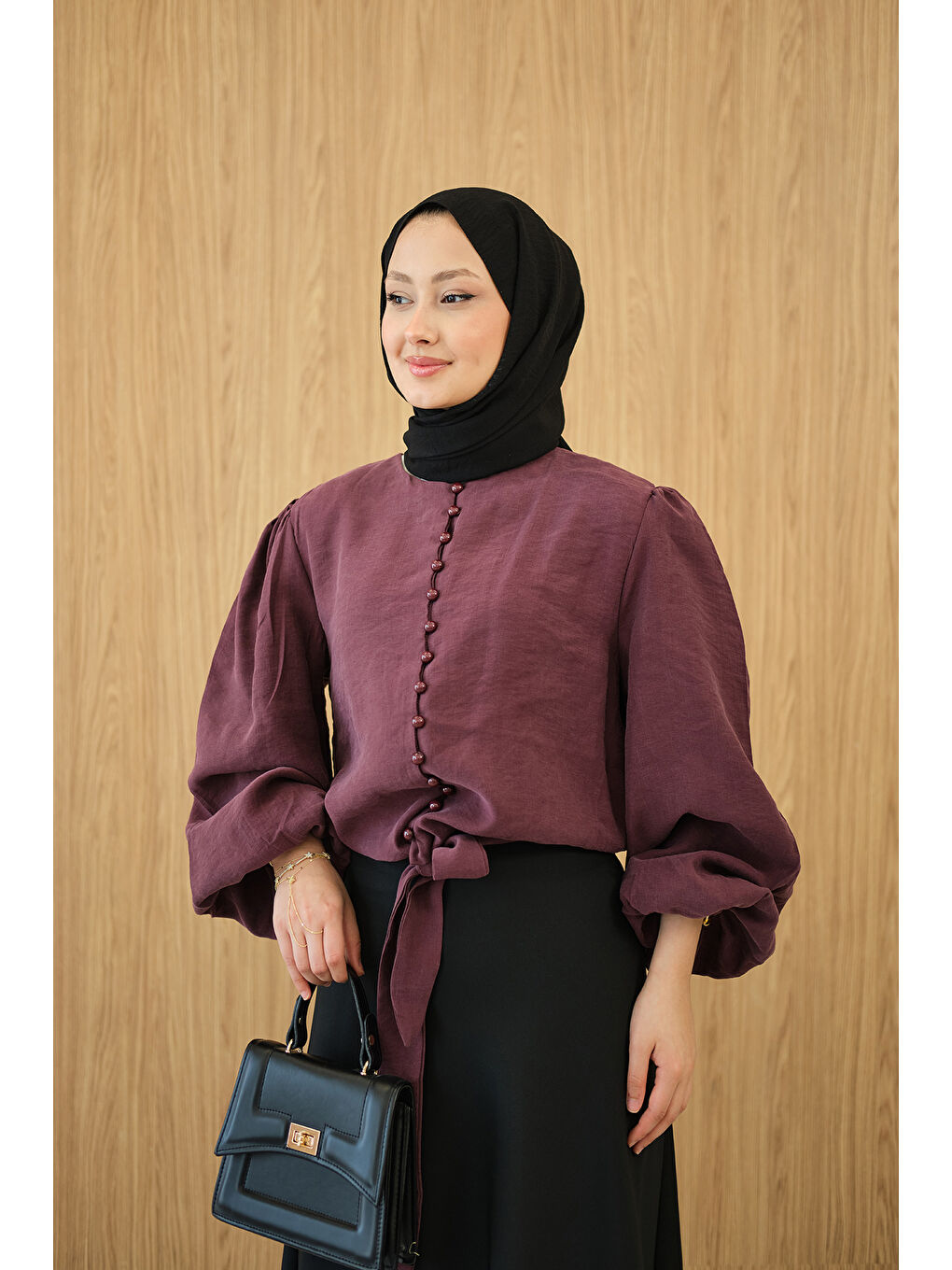 Kadın Geçirme Düğme Detay Bel Bağlamalı Gömlek Bordo-4