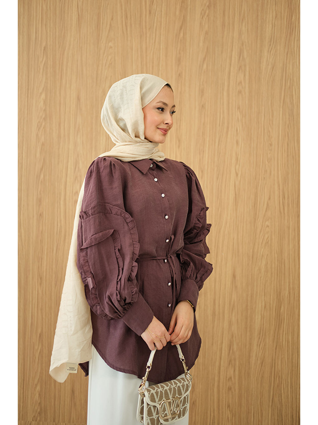 Kadın Kolları Fırfırlı Bel Bağlamalı Gömlek Bordo-4