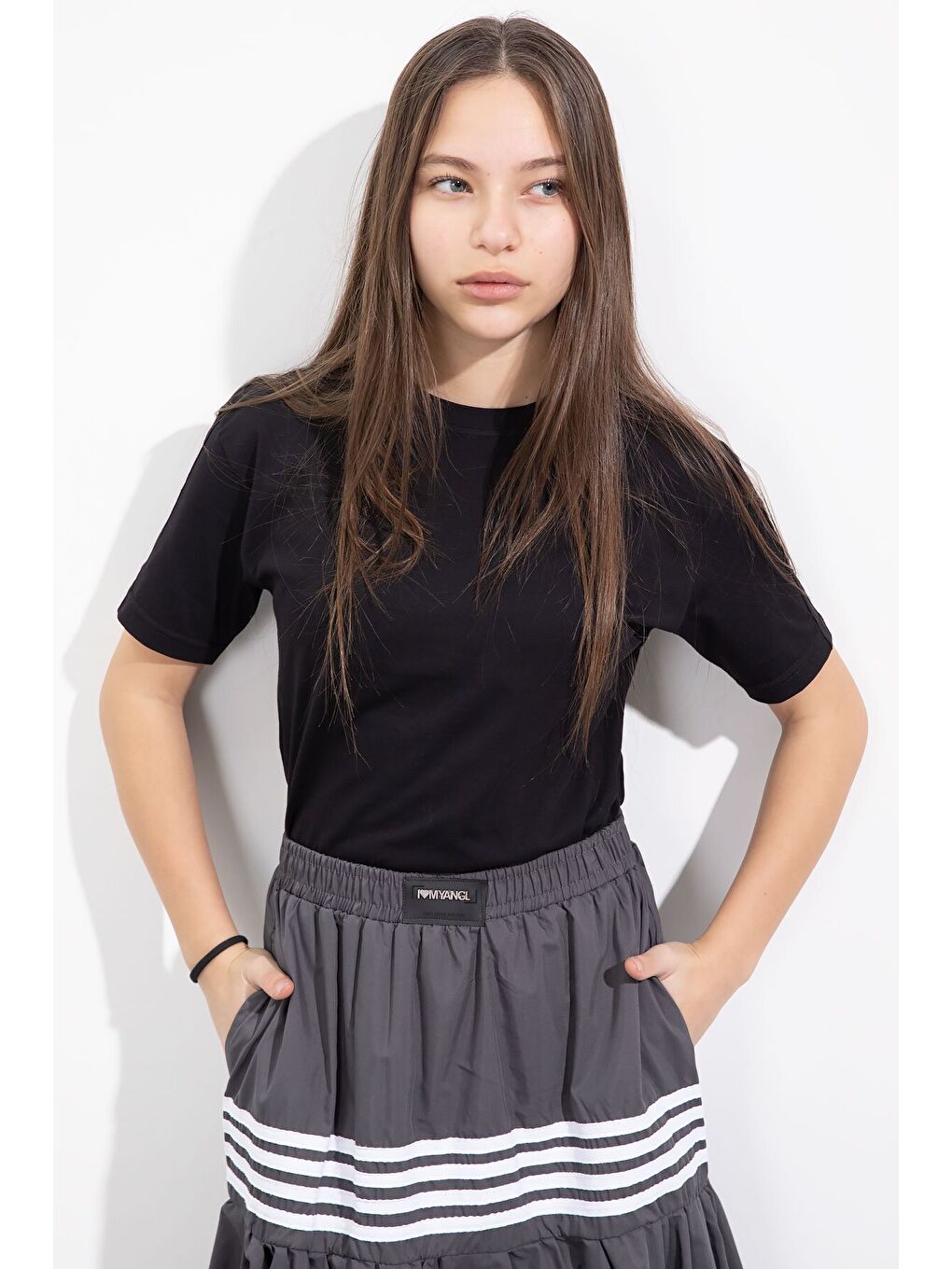 Gri Füme Şerit Desenli Kız Çocuk Balon Etek 23559-4