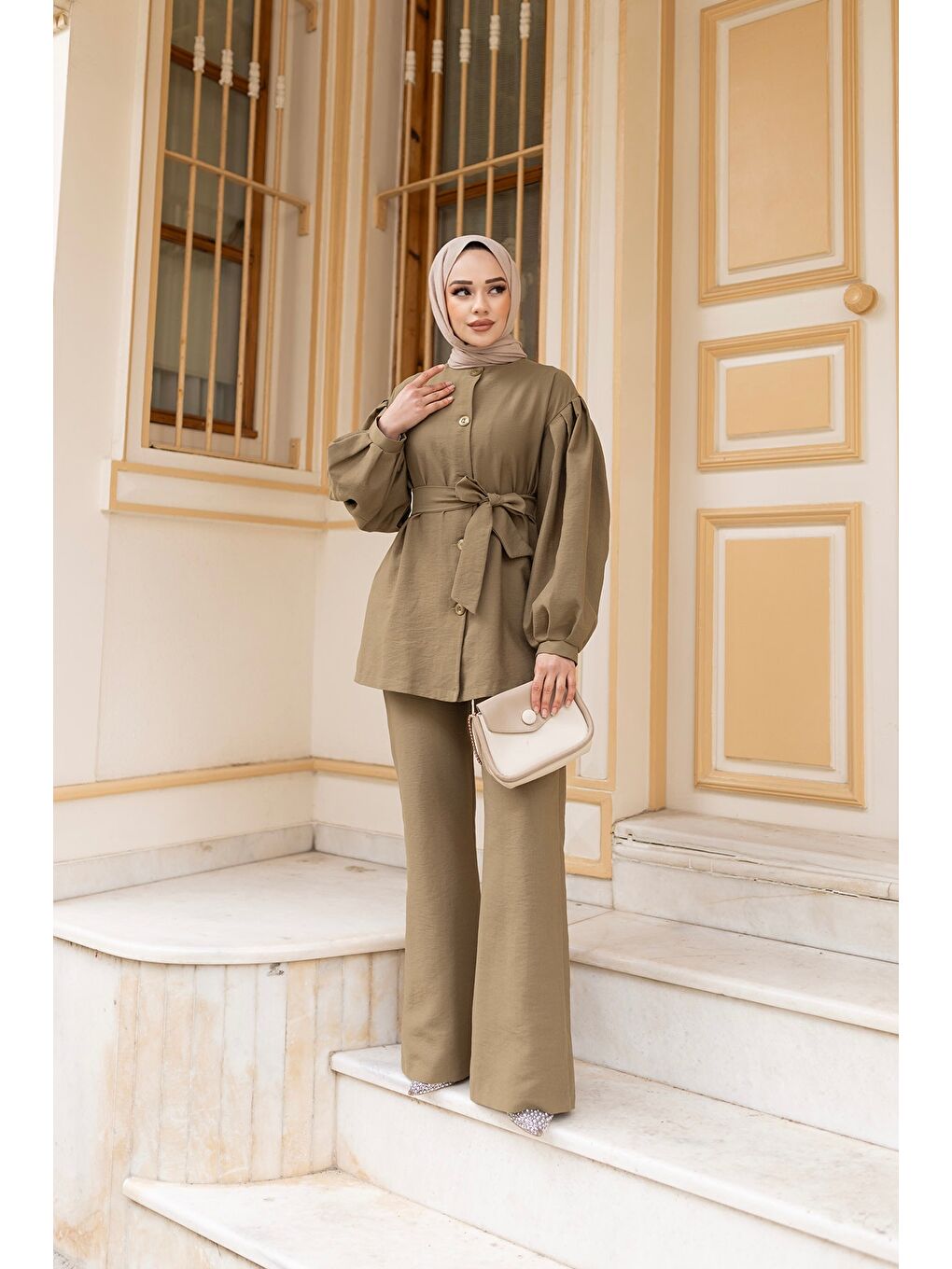 Kadın Pile Detaylı Kuşaklı İkili Takım  Yeşil