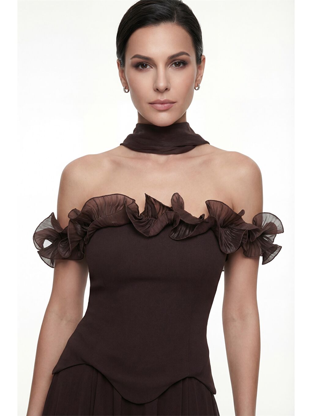 Kadın Kahverengi Fırfır Detaylı Uzun Söz Nişan Nikah Abiye Elbise-2