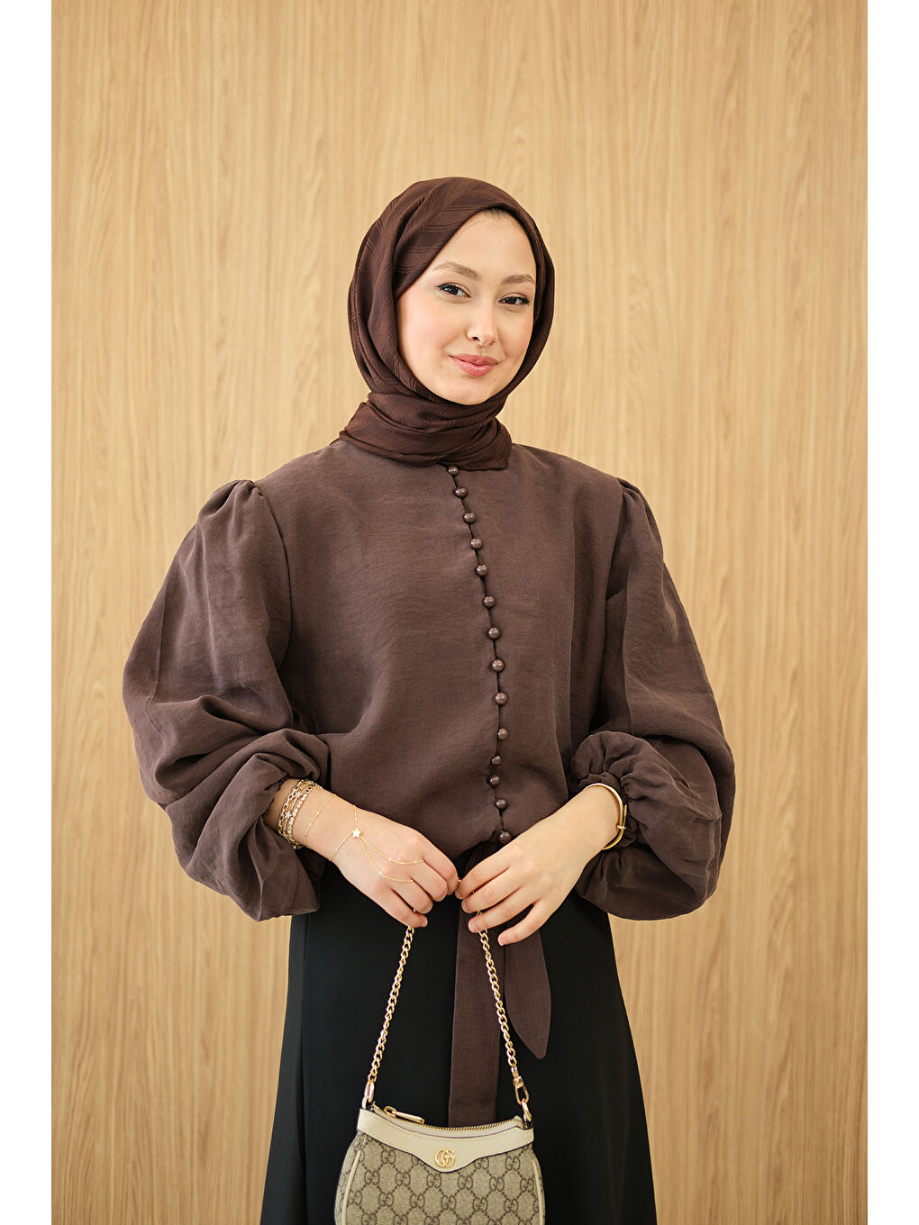 Kadın Geçirme Düğme Detay Bel Bağlamalı Gömlek Kahverengi-2