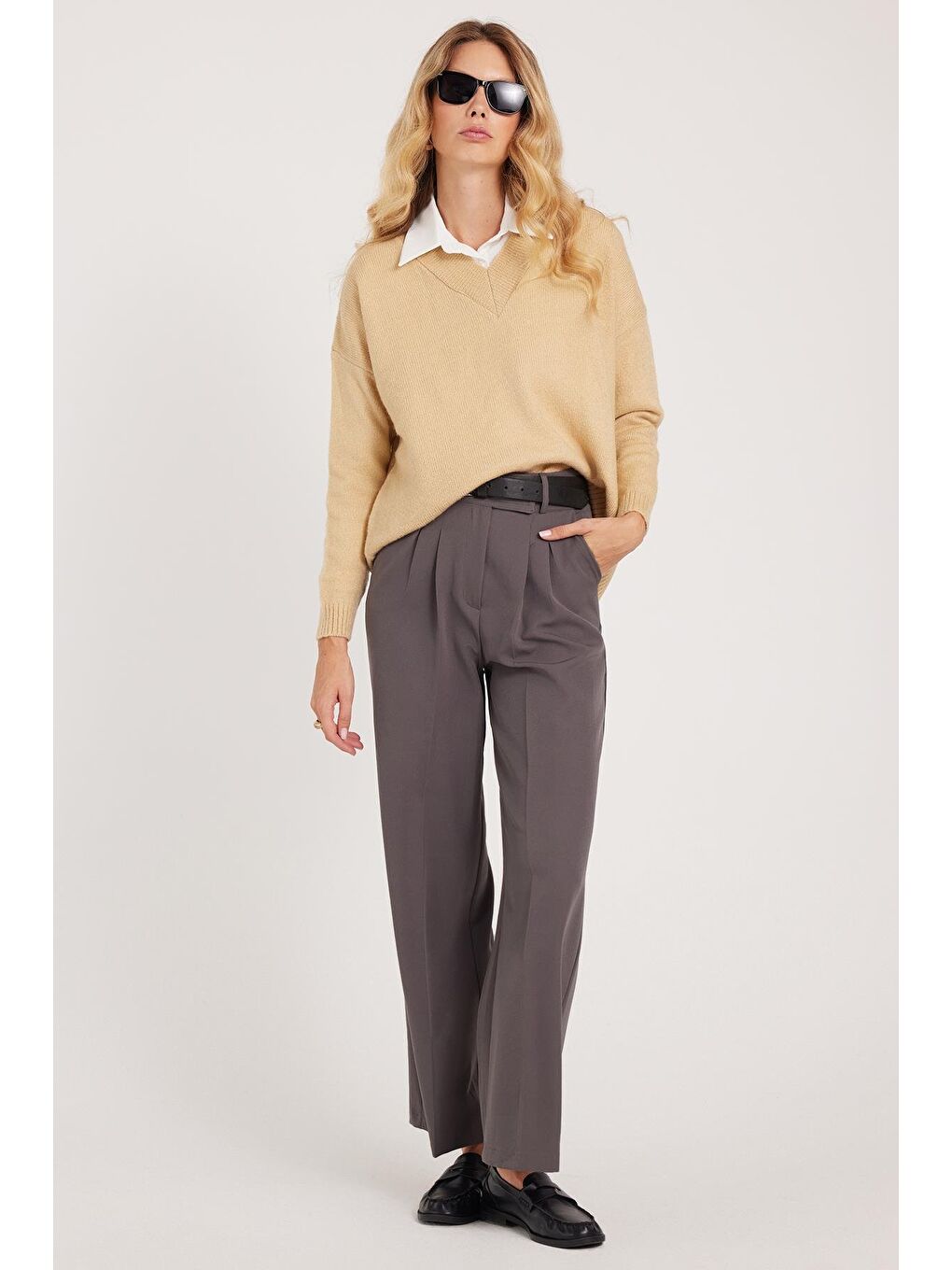 Kadın Regular Fit Klasik Kesim Cırt Kapamalı Palazzo Antrasit Pantolon-1