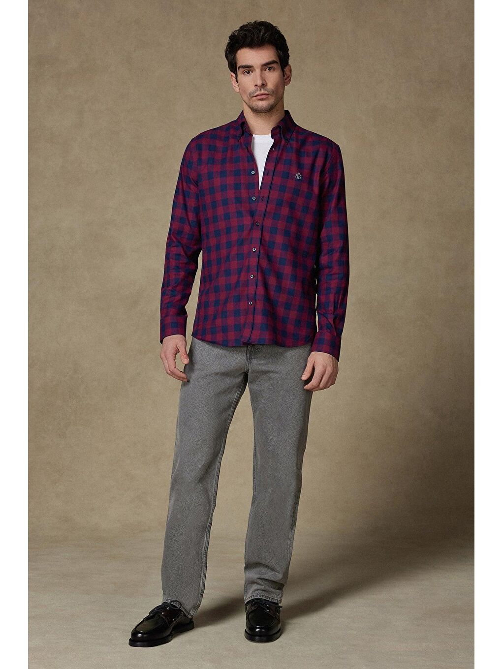 Luis Twill Pamuklu Comfort Fit Bordo Düğmeli Yaka Erkek Ekoseli %100 Pamuk Gömlek-2