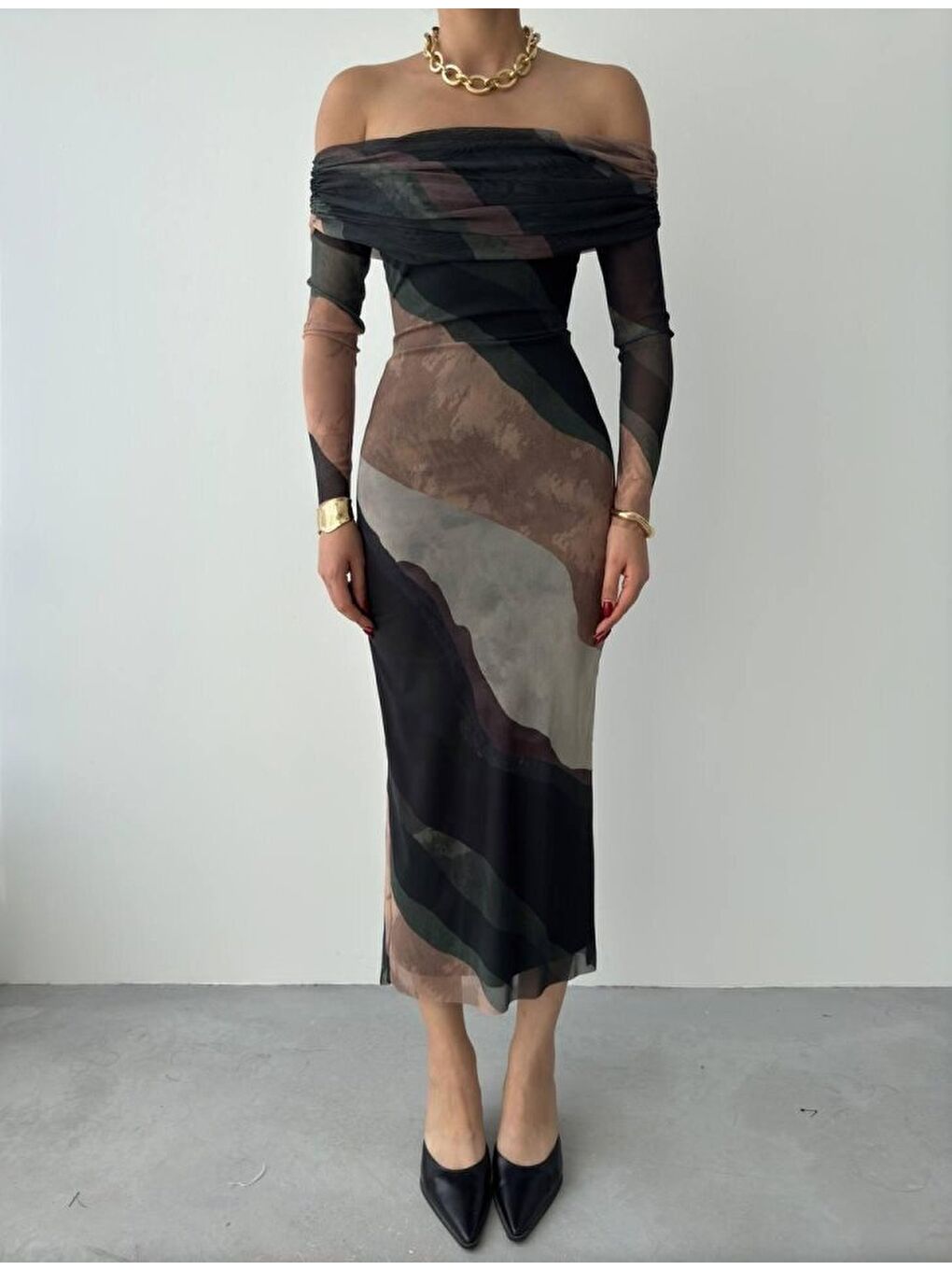 Bej Sevilla Madonna Yaka Tül Elbise-1