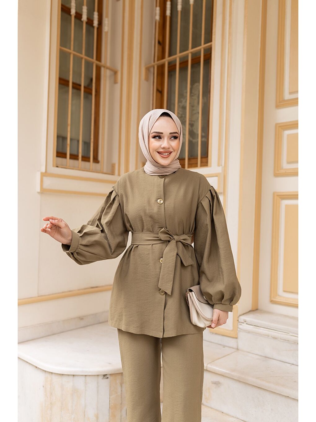 Kadın Pile Detaylı Kuşaklı İkili Takım  Yeşil-1